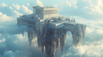 Majestic ancient greek temple floating serenely amidst ethereal clouds