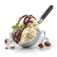 Scoop of ice cream with chocolate sauce and a green leaf on top. The ice cream is in a silver bowl and is surrounded by ice cubes