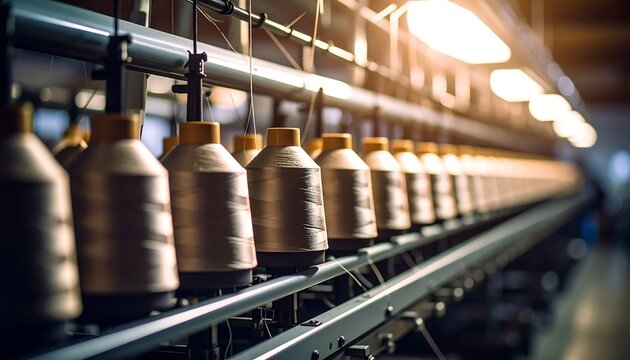Rows of thread spools on industrial textile machinery - Powered by Adobe