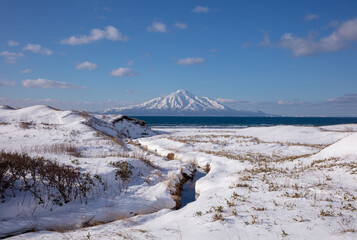 Mt. Rishiri in winter as seen from the coast