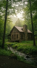 Rustic Log Cabin in Misty Forest