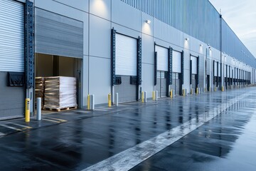 Side-angle view of an advanced logistics centers loading bay emphasizing the durable steel dock bumpers multiple roll-up security doors neatly