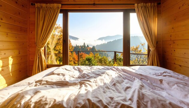 The view from the window of an autumn cabin in the mountains, golden trees and a foggy valley outside, sunlight shining through the curtains inside the wooden house with a bed.