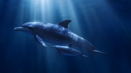 Fototapeta premium A serene underwater scene featuring a dolphin swimming gracefully with its young. Soft rays of light penetrate the ocean, enhancing the tranquil atmosphere and beauty of marine life. AI