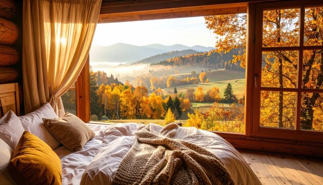 The view from the window of an autumn cabin in the mountains, golden trees and a foggy valley outside, sunlight shining through the curtains inside the wooden house with a bed.