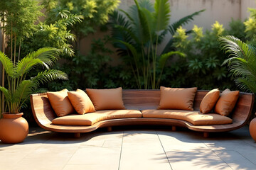 Outdoor patio with curved wooden sofa, tan cushions and lush palm plants