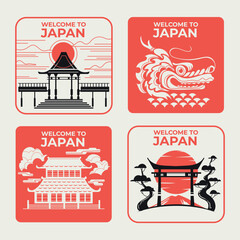 Collection of Japanese culture postcard stamp designs in a retro and antique style