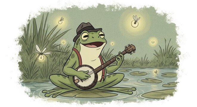 Cartoon illustration of a happy frog wearing a hat and suspenders, playing a banjo in a pond with fireflies.