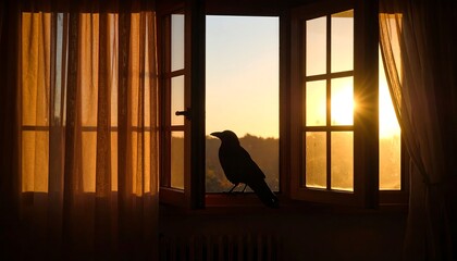 Silhouette of a crow perched on a windowsill, backlit by a vibrant sunset
