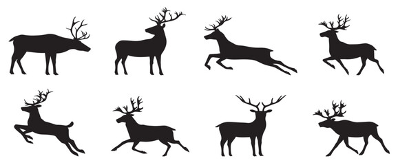 Set of deer silhouettes. Collection of standing, walking, sitting wild animals. Stag, buck, doe, and fawn icons for logos, hunting designs, or Christmas concepts. Vector illustration