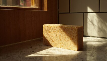 Light-tan bar soap on countertop near window