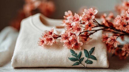 Folded sweater with floral accents resting on white cloth