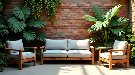 Relaxing patio layout with clean lined wooden furniture vibrant monstera and palm leaves enhancing natural aesthetic