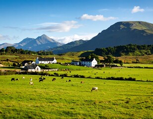 Scenic rural landscape with white farmhouses and grazing animals