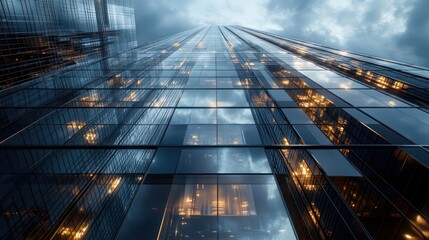 Sleek futuristic corporate tower with a reflective glass facade clean bold design on architectural intricacies vivid city reflections