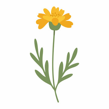 Stylized Yellow Flower with Green Stem and Leaves, Isolated Botanical Illustration