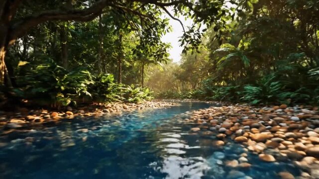 Sunlit Riverbank with Pebbles and Lush Green Forest
