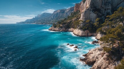 Stunning coastal view of rocky cliffs and vibrant blue water under a clear sky in a Mediterranean landscape