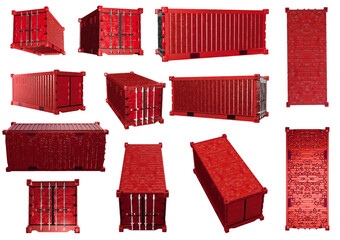 Rusted shipping containers from 12 directions isolated vector objects created by 3D modeling.