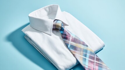 Elegant white dress shirt with colorful plaid tie displayed on blue background ready for formal occasion or business meeting