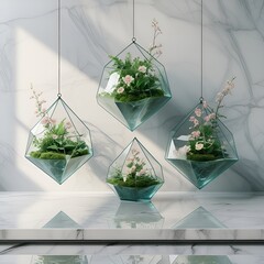 Glass terrariums levitating in geometric symmetry over a marble slab, mockup friendly eco-modern aesthetic background copy space