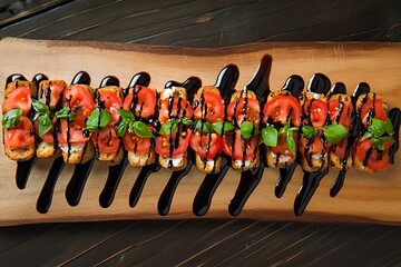 Top-down view of a wooden board with rows of tomato and basil bruschetta, each drizzled with balsamic glaze for a polished look