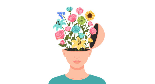 Creative vector illustration of a human head filled with vibrant flowers, symbolizing ideas, thoughts, and the beauty of the mind on a clean white background.