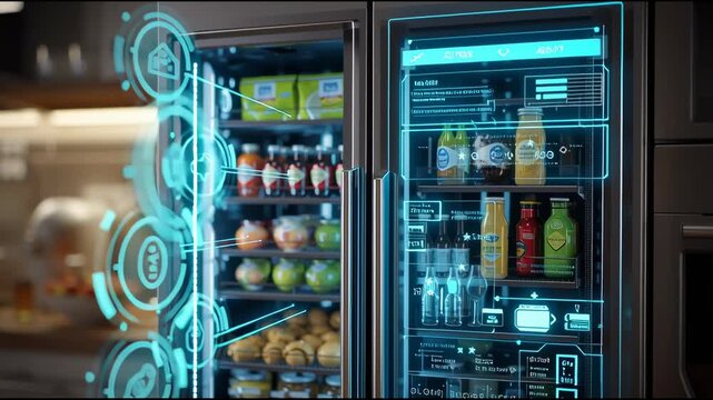 Detail view of a smart refrigerator touchscreen showing inventory, with IoT connectivity icons and glowing user interface elements
