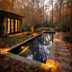 Modern pool in autumnal garden.  Dusk lighting