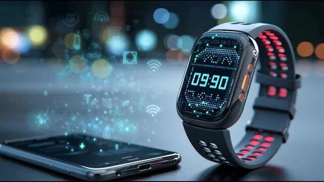 Macro photo of a smart watch syncing with a mobile phone, glowing IoT symbols floating in the blurred tech environment