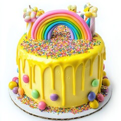 A playful birthday cake with a bright lemon yellow frosting