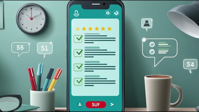 Minimalist workspace scene with a smartphone screen showing a completed checklist and 5-star feedback section, surrounded by interactive UI icons