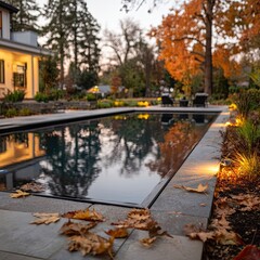 Obraz premium Evening pool scene, autumn colors. Modern home backdrop