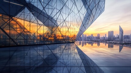 Sleek futuristic office building with a reflective glass facade bold geometric patterns clean architectural crisp reflections of the surrounding cityscape