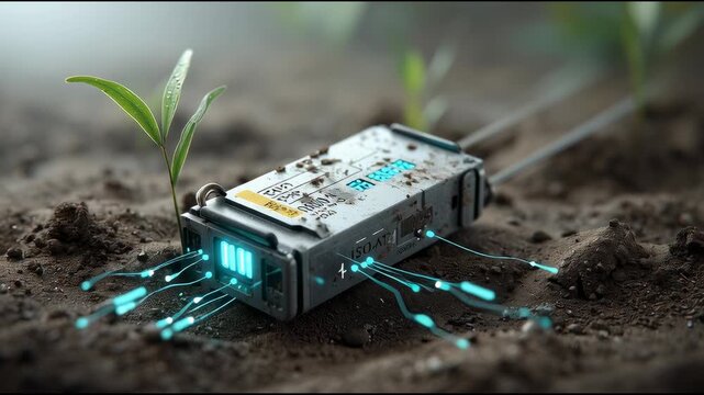 Photorealistic image of a smart agriculture sensor in soil, close-up view with moisture levels and data signals visible around it