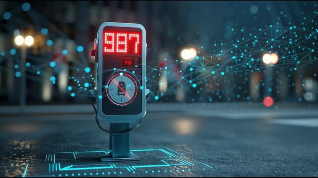 Tight shot of a smart city parking meter, real-time availability display glowing, with IoT grid graphics lightly blended into scene