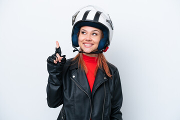 Young Russian girl with a motorcycle helmet isolated on white background pointing up a great idea