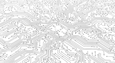 A grayscale perspective view of an intricate and complex electronic circuit board pattern.