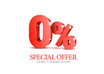 Red number 0% percent. Zero number in red, 3d. Poster template for discount, sale discount, work progress. Vector illustration