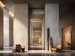 Modern, minimalist lobby interior.  Light-filled, neutral tones.  Spacious, elegant