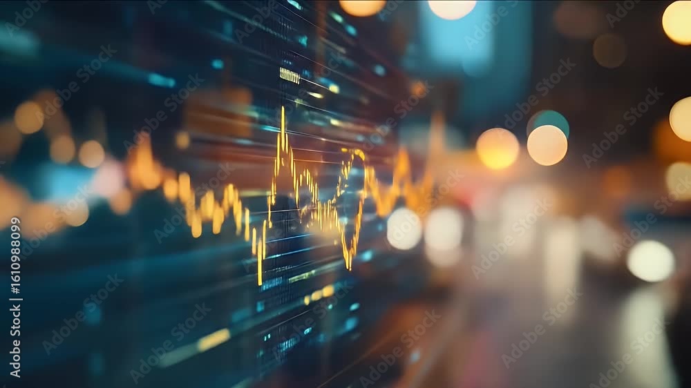 Poster abstract stock market graph displayed with golden and blue hues bokeh background