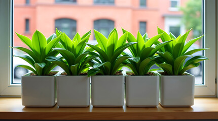 Row of green plants in white pots on wooden sill with brick building backdrop