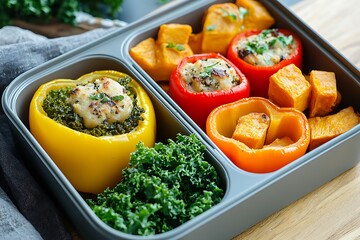 Vegan bento box in pastel tones, filled with stuffed bell peppers, roasted sweet potatoes, and kale, presented in soft compartments 