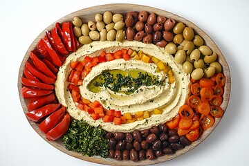 Vegan mezze platter with creamy hummus, roasted red peppers, olives, and baba ganoush arranged symmetrically on a white background 