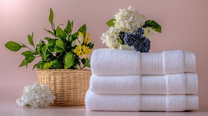Clean white cotton towels stacked neatly beside a wicker basket of fresh flowers against a soft pink background.