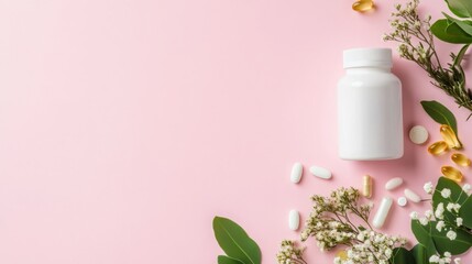 Various supplements and herbal elements arranged aesthetically on a pink background with flowers and leaves