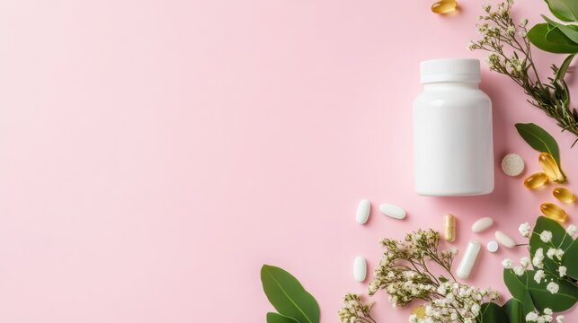 Various supplements and herbal elements arranged aesthetically on a pink background with flowers and leaves
