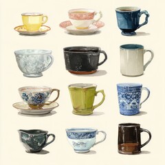 Aesthetic arrangement of various teacups in soft lighting.