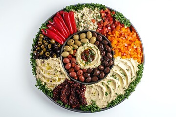 Vegan mezze platter with creamy hummus, roasted red peppers, olives, and baba ganoush arranged symmetrically on a white background 