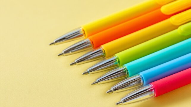 Vibrant collection of colorful pens arranged neatly on a yellow background in a creative workspace